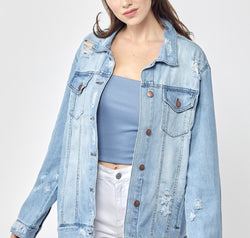 RISEN Full Size Distressed Long Sleeve Denim Jacket
