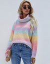 Rainbow Rib-Knit Turtleneck Drop Shoulder Sweater