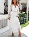 Scalloped Hem Flounce Sleeve Lace V-Neck Maxi Dress