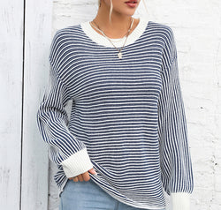 Angel Wings Striped Round Neck Long Sleeve Knit Top