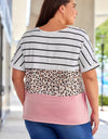 Plus Size Striped Leopard Round Neck Half Sleeve T-Shirt