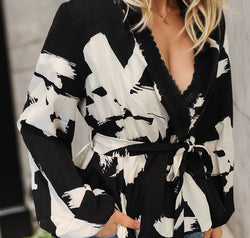 Printed Tie Front Lace Detail Cardigan