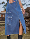 Slit Front Midi Denim Skirt with Pockets