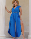 Plus Size Slit Eyelet Surplice Cap Sleeve Jumpsuit