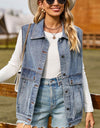 Sleeveless Collared Neck Denim Top with Pockets