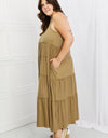 Zenana Full Size Spaghetti Strap Tiered Dress with Pockets in Khaki