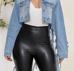 Tie Detail Button Up Denim Jacket with Pockets