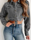 Raw Hem Button Up Cropped Denim Top