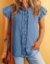 Raw Hem Button Up Cap Sleeve Denim Top