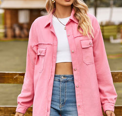 Button Up Collared Neck Raw Hem Denim Top