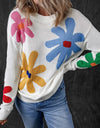 Flower Round Neck Dropped Shoulder Sweater