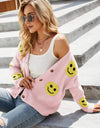 Smiley Face Ribbed Trim V-Neck Cardigan