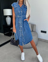 Collared Neck Cap Sleeve Denim Dress