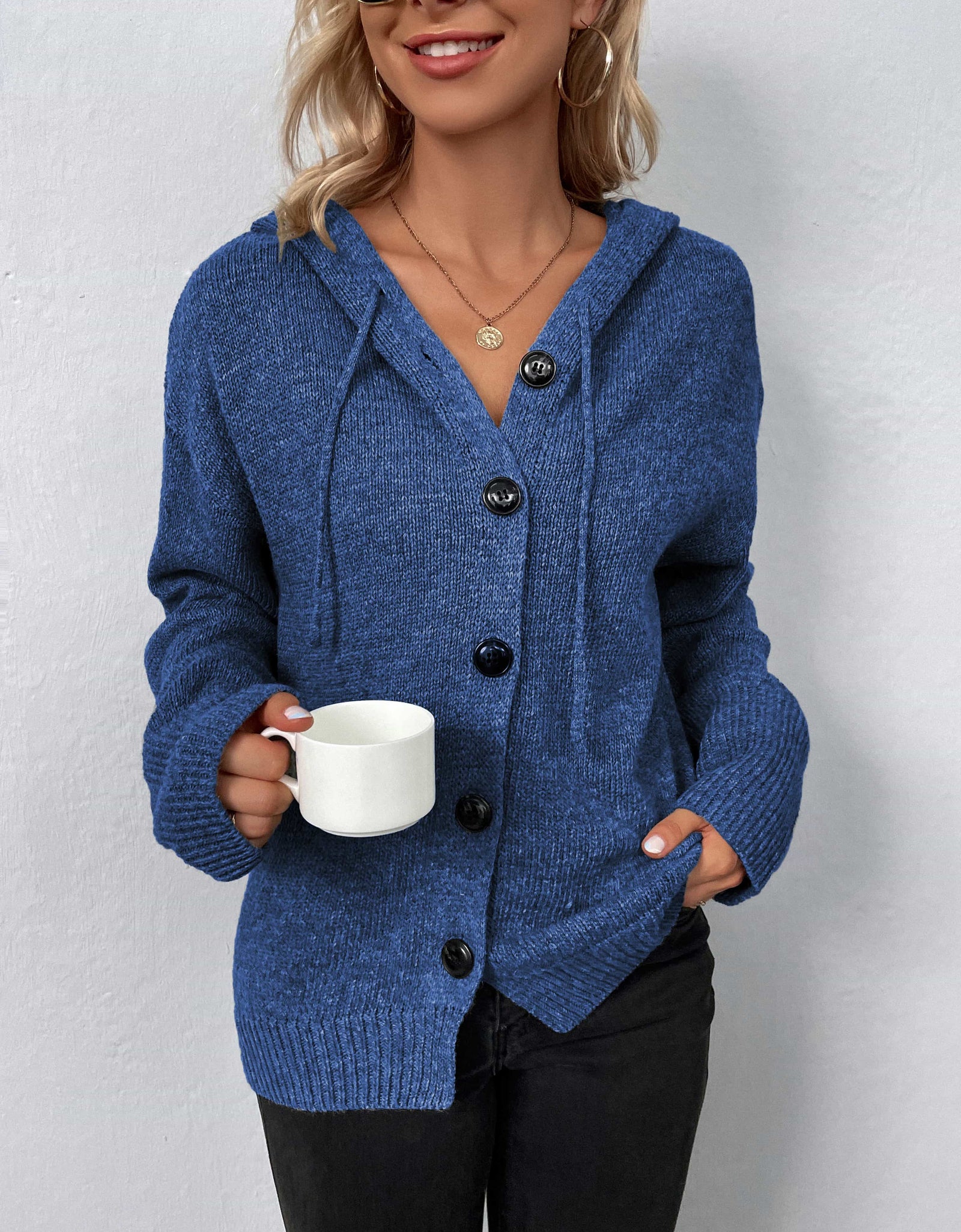 Button-Down Long Sleeve Hooded Sweater