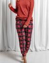 Round Neck Top and Drawstring Plaid Pants Lounge Set