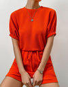 Waffle-Knit Round Neck T-Shirt and Pocketed Shorts Lounge Set