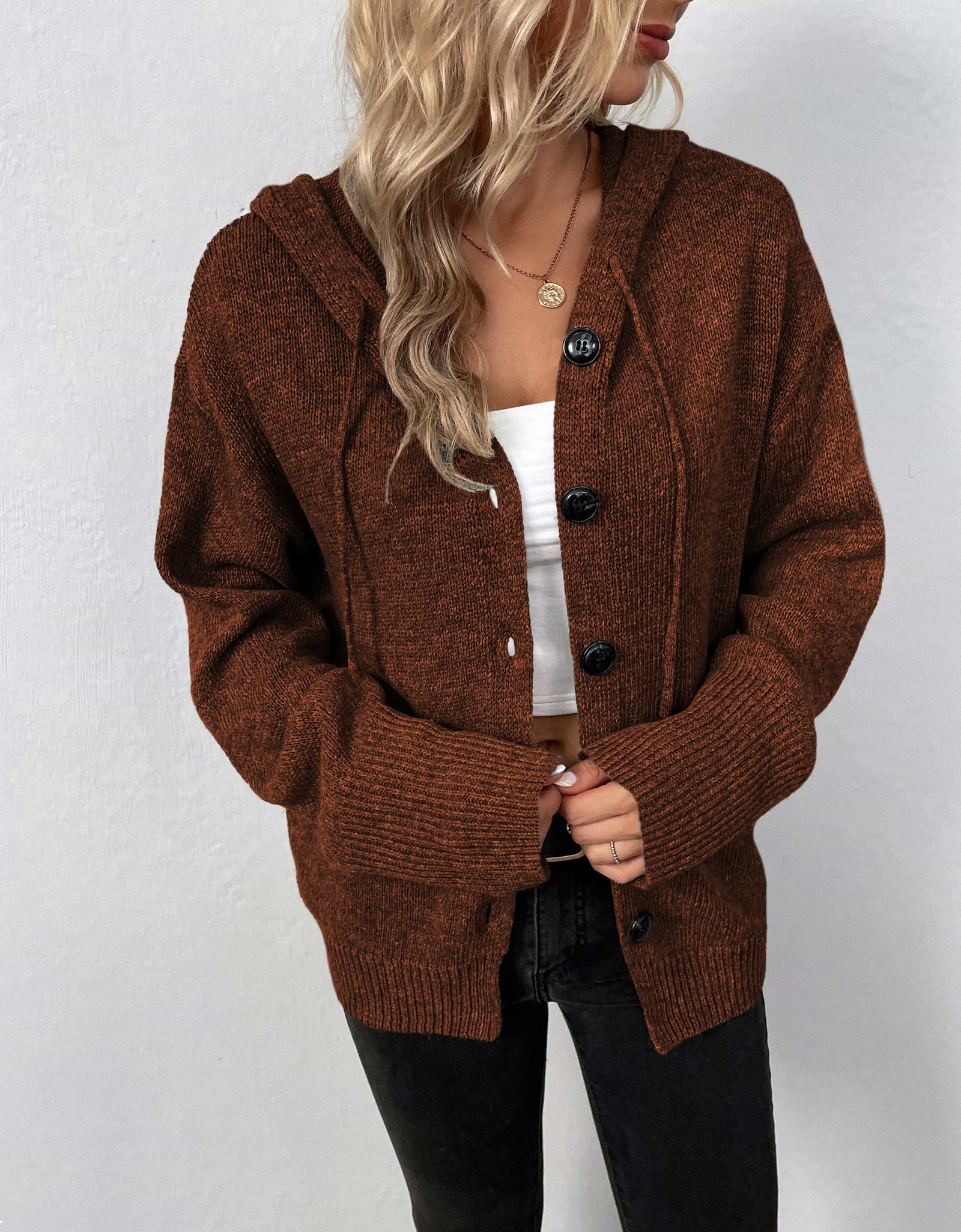 Button-Down Long Sleeve Hooded Sweater