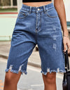 Raw Hem High Waist Denim Shorts with Pockets