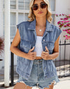 Pocketed Button Up Sleeveless Denim Jacket