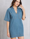 Pocketed Collared Neck Mini Denim Dress