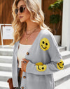 Smiley Face Ribbed Trim V-Neck Cardigan