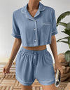 Ivy Lane Contrast Lapel Collar Cropped Shirt and Shorts Lounge Set