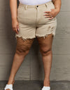 RISEN Katie Full Size High Waisted Distressed Shorts in Sand