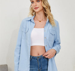 Pocketed Button Up Long Sleeve Denim Shirt