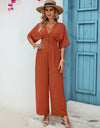 Honey Decorative Button V-Neck Half Sleeve Jumpsuit