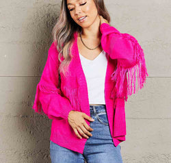 Fringe Trim Open Front Cardigan