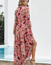 Floral Frill Trim Flounce Sleeve Plunge Maxi Dress