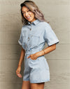 Collared Neck Denim Romper with Pockets