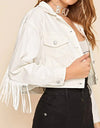 Fringe Detail Collared Neck Long Sleeve Denim Jacket