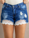 Spliced Lace Distressed Denim Shorts