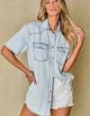 Slit Snap Down Short Sleeve Denim Top