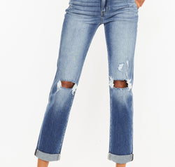 Kancan High Waist Distressed Hem Detail Cropped Straight Jeans