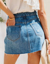 Button-Fly Distressed Raw Hem Denim Skirt