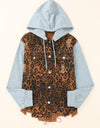 Leopard Distressed Drawstring Hooded Denim Jacket