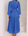 Deep V-Neck Balloon Sleeve Plain Maxi Dress