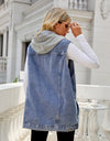 Drawstring Pocketed Button Up Sleeveless Denim Jacket