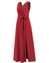 Slit Surplice Tie Waist Sleeveless Dress