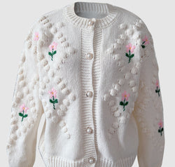 Floral Button Up Round Neck Long Sleeve Cardigan