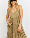 Zenana Full Size Spaghetti Strap Tiered Dress with Pockets in Khaki