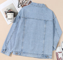 Pocketed Geometric Collared Neck Denim Jacket