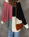 Woven Right Color Block Cable-Knit Batwing Sleeve Cardigan