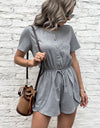 Perfee Buttoned Drawstring Round Neck Romper