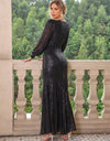 Sequin V-Neck Lantern Sleeve Maxi Dress