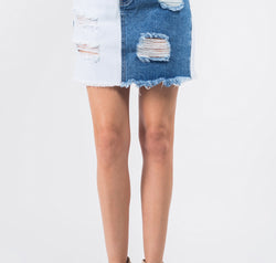 American Bazi Contrast Patched Frayed Denim Distressed Skirts