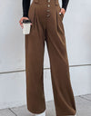 Button-Fly Pleated Waist Wide Leg Pants with Pockets