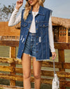 Sleeveless Button-Up Collared Denim Top with Pockets